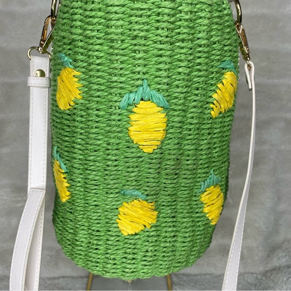 Anthropologie Raffia Green Woven Bucket Bag with Lemon Fruit Embroidery - Picture 3 of 16